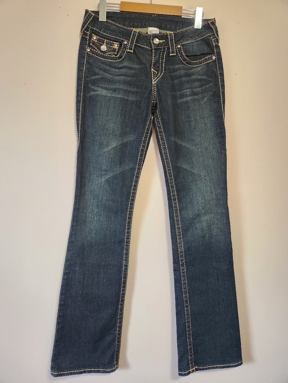 True Religion Dark Wash Rhinestone Flap Pocket Bootcut Jeans 28 Y2K USA Vintage